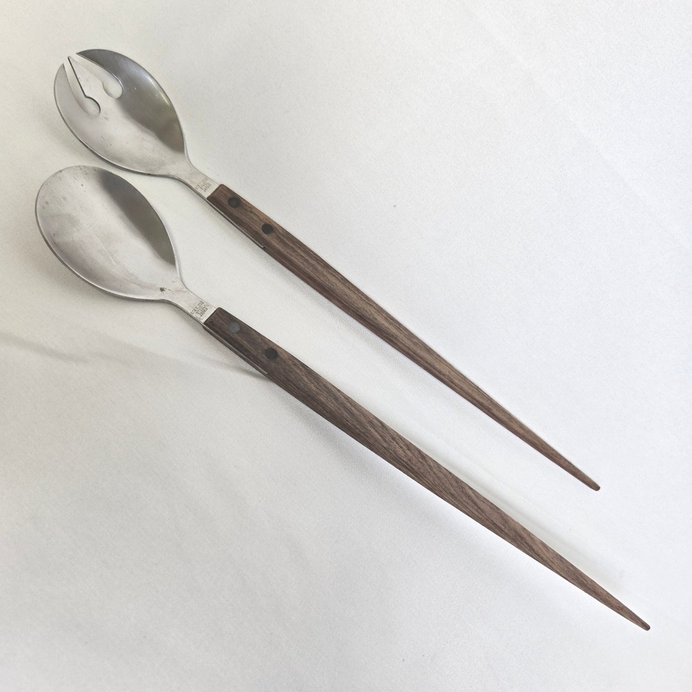 Pair of Stainless Steel Wood Handle Salad Servers Japan MCM Danish Style Vtg 13"